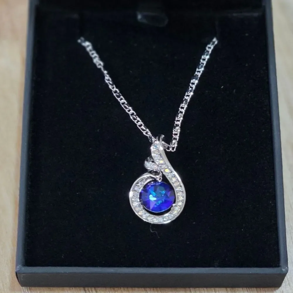 🩵⏭️NIB White Gold Plated Blue Crystal Sapphire Phoenix Pendant Necklace